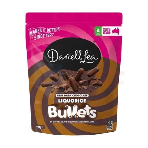 Darrell Lea Darrell Lea Dark Chocolate Liquorice Bullets 204g Darrell Lea Dark Chocolate Liquorice Bullets 204g